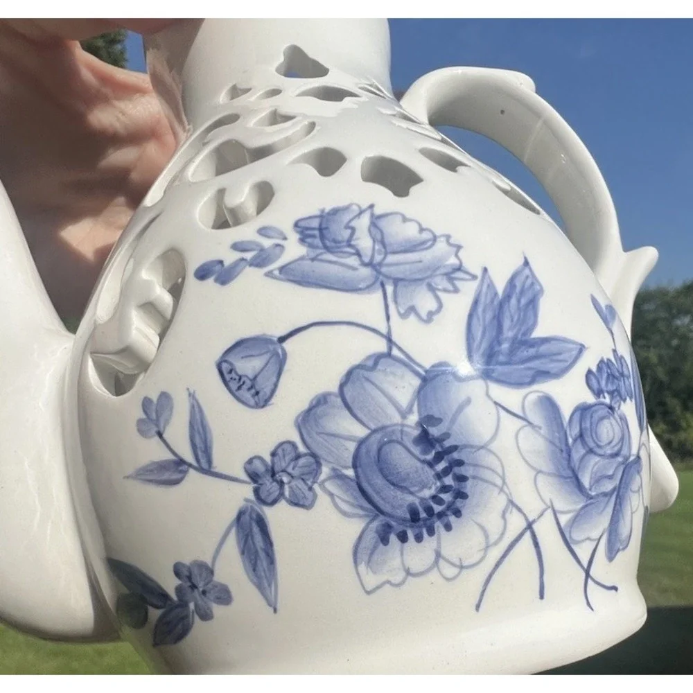 Blue White Porcelain Coffee Pot Tealight Fairy Light Lantern Pierced Floral